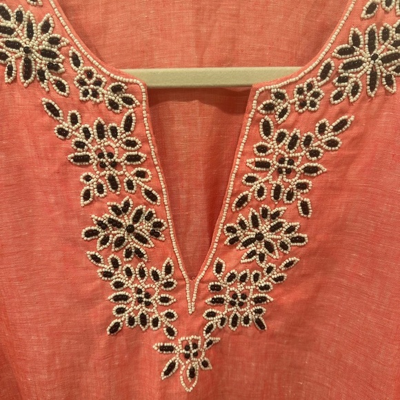 Land's End 100% Linen Coral Tunic Top Embellished Coastal Relaxed Resort Size 1X - Picture 3 of 10